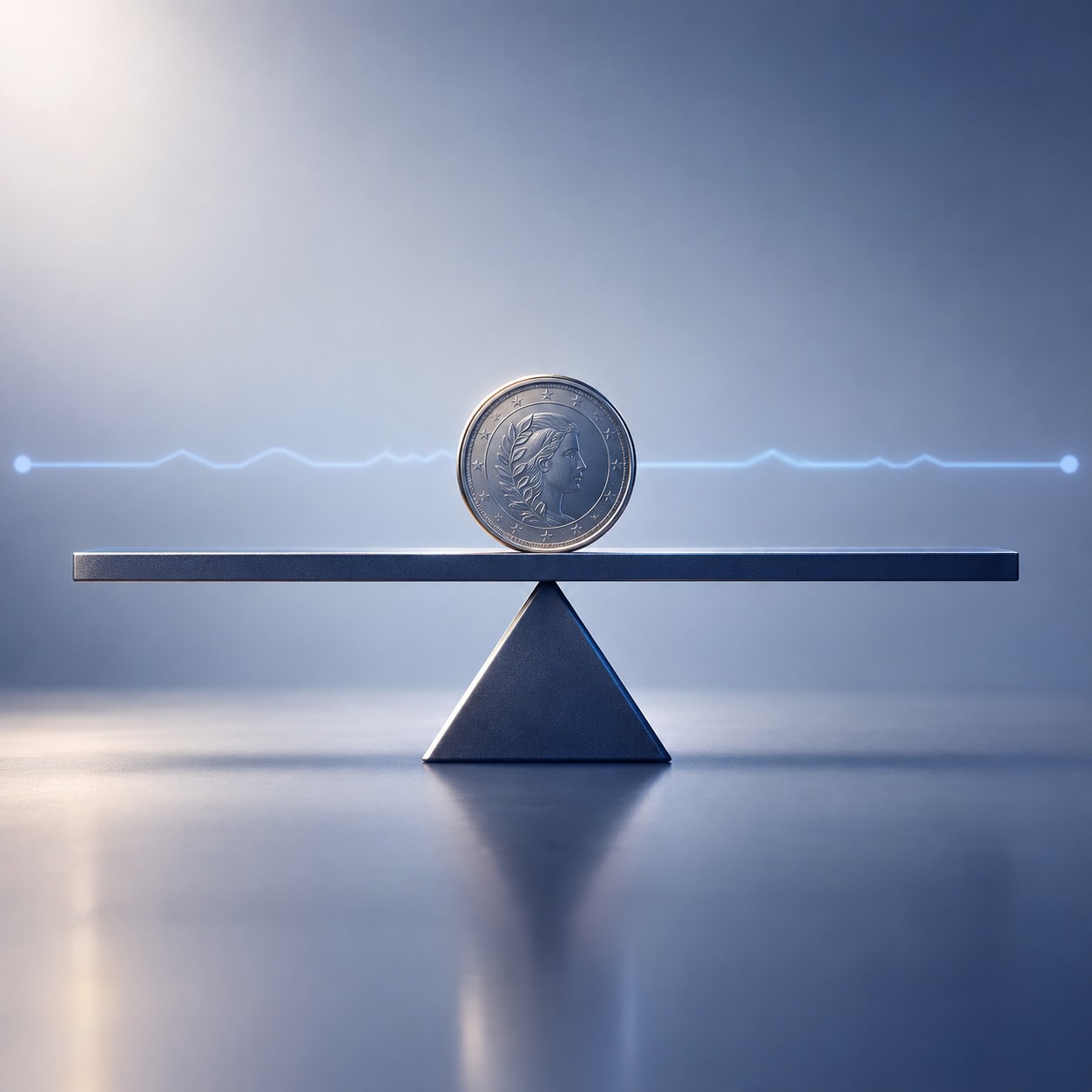 Coin resting perfectly level on a balance beam with a flat price line