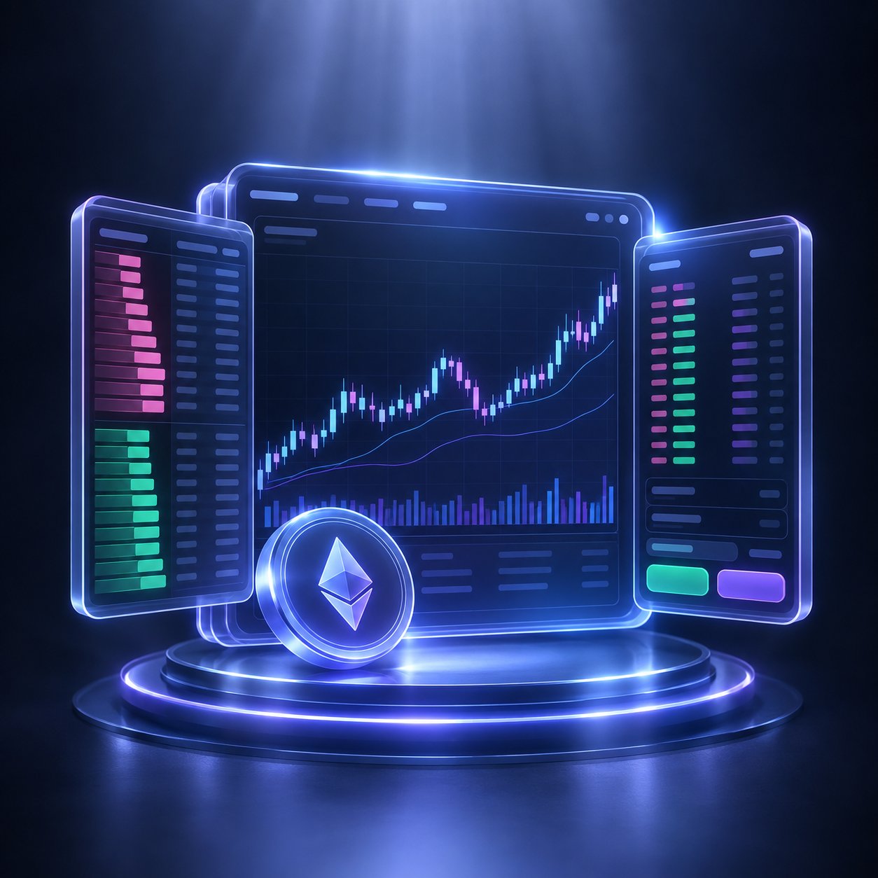 Futuristic trading interface with an order book and crypto charts