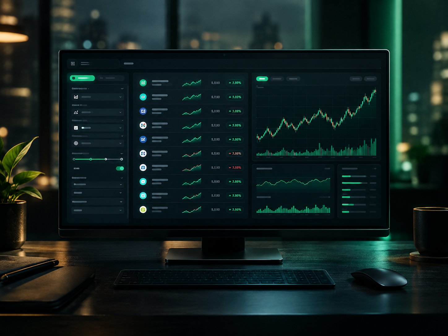 Sleek dashboard with filter panels and a list of stock charts