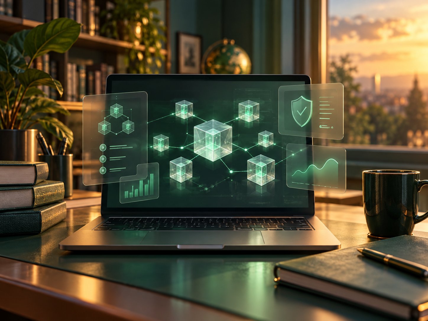 Student laptop showing blockchain diagrams in a cozy study