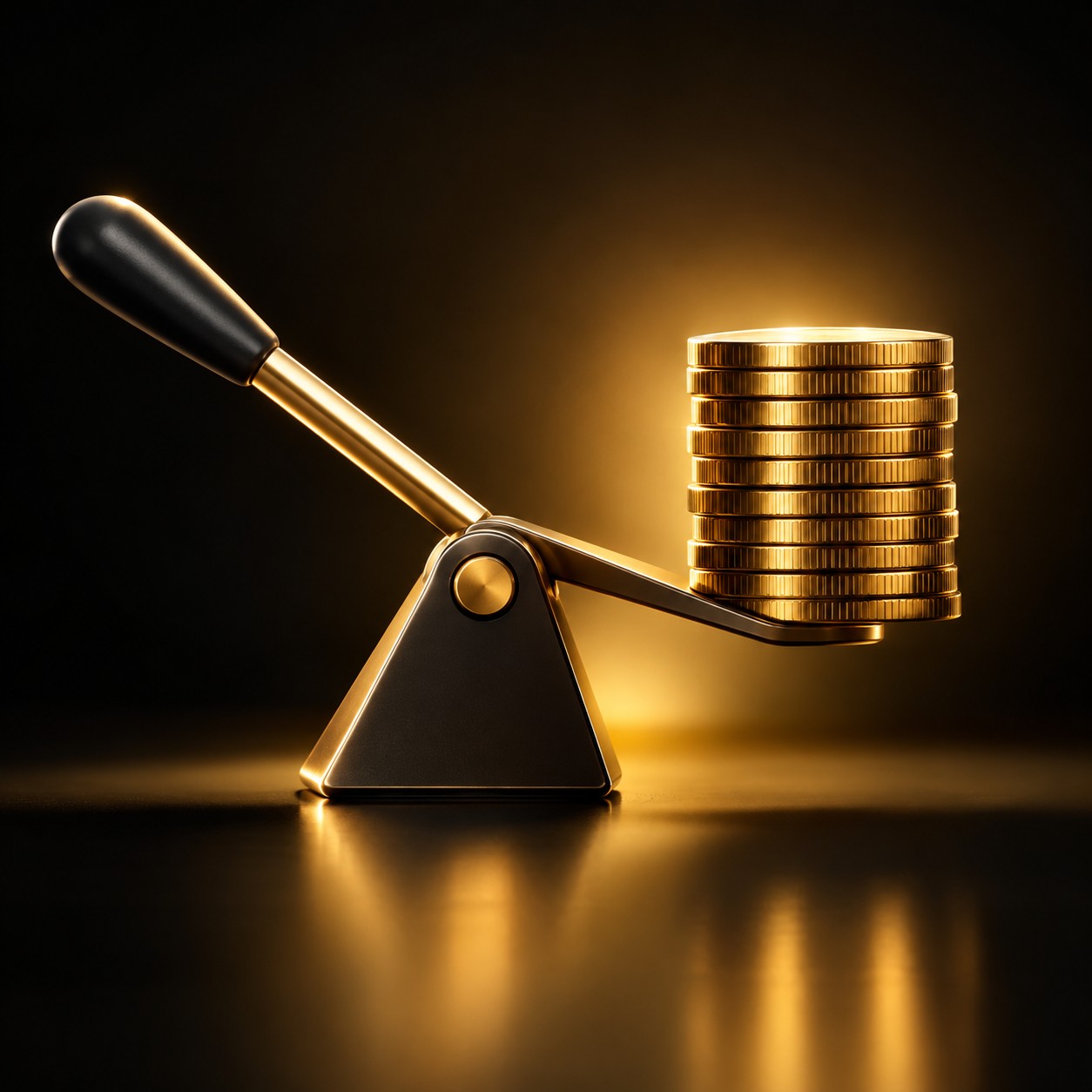 Precision lever lifting a stack of coins clean minimal composition