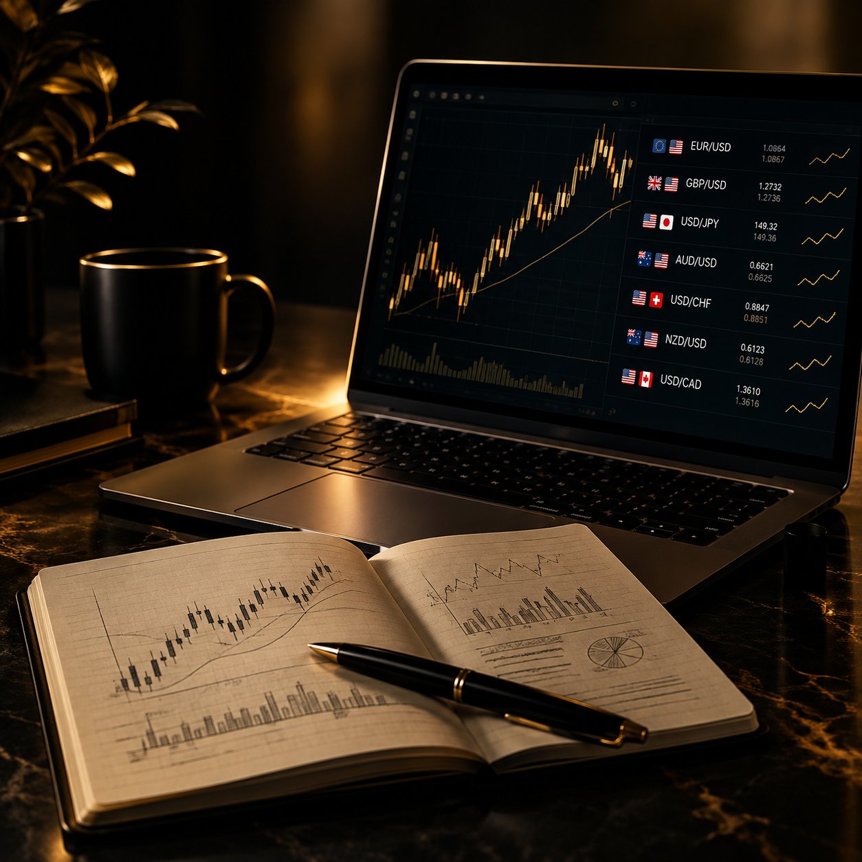 Open notebook with chart sketches beside a laptop showing currency pairs